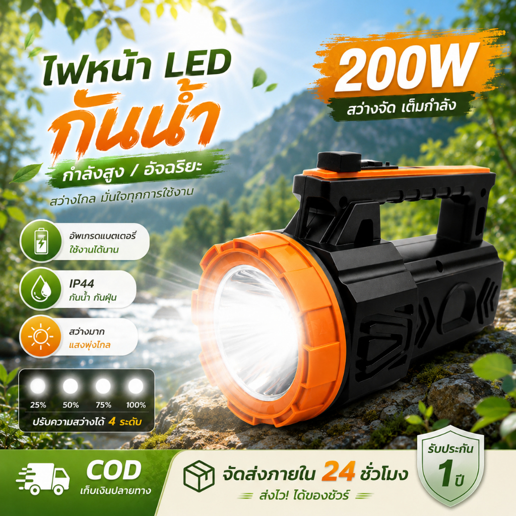 ไฟฉายแรงสูง 200W 2in1 มีไฟด้านข้าง แบบถือหิ้ว แบตเตอรี่ลิเธียม ชาร์จUSB-C ส่องไกล1,000M กันน้ำฝน IP44