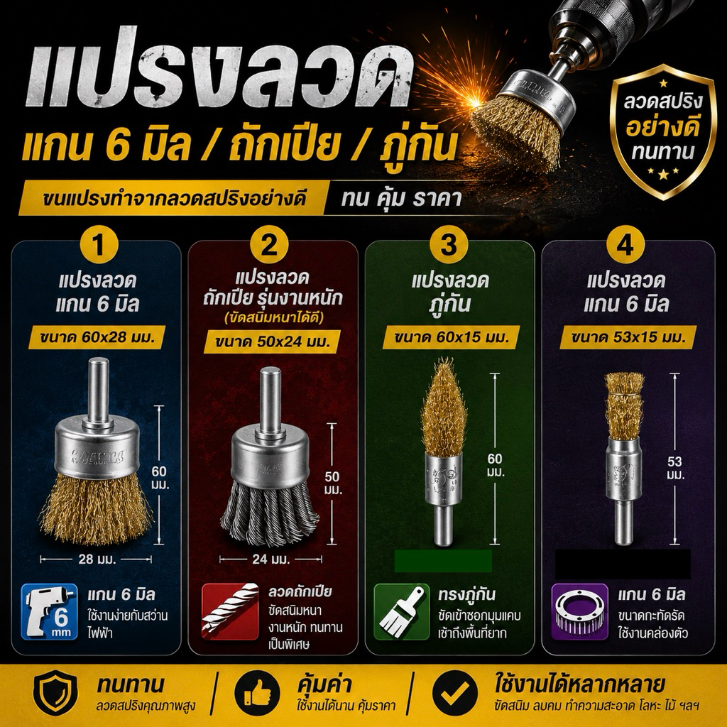 แปรงลวดแกน 6 มิล ทรงพู่กัน & ถักเปีย (ลวดสปริงเกรดพรีเมียม)