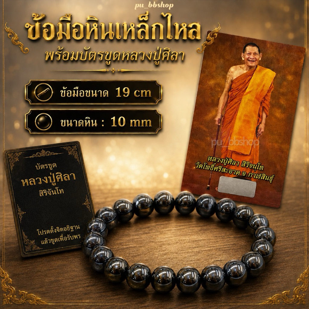 ข้อมือหินเหล็กไหลพร้อมบัตรขูดเลขหลวงปู่ศิลา ข้อมือขนาด 19 cm.
