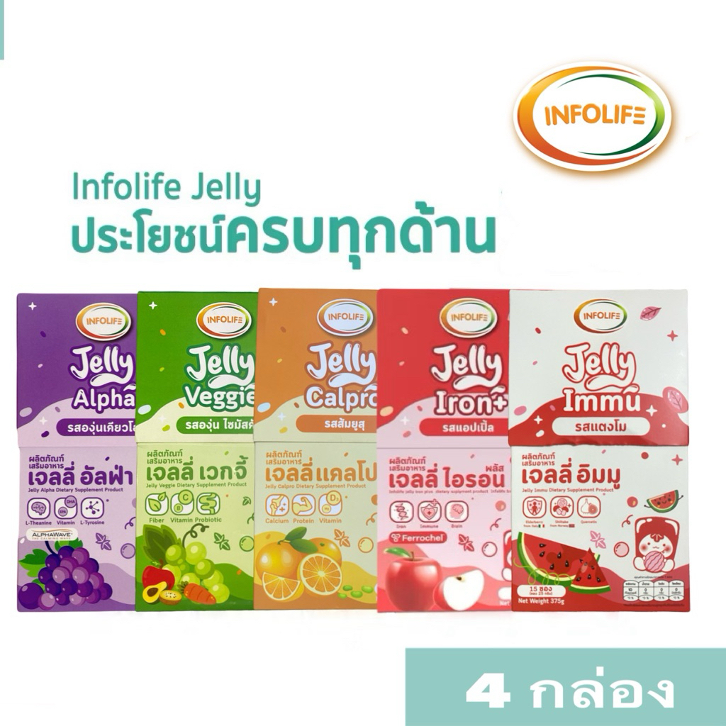 (ชุด4กล่อง) Jelly Calpro & Jelly Veggie & Jelly Alpha & Jelly Iron & Jelly Immu