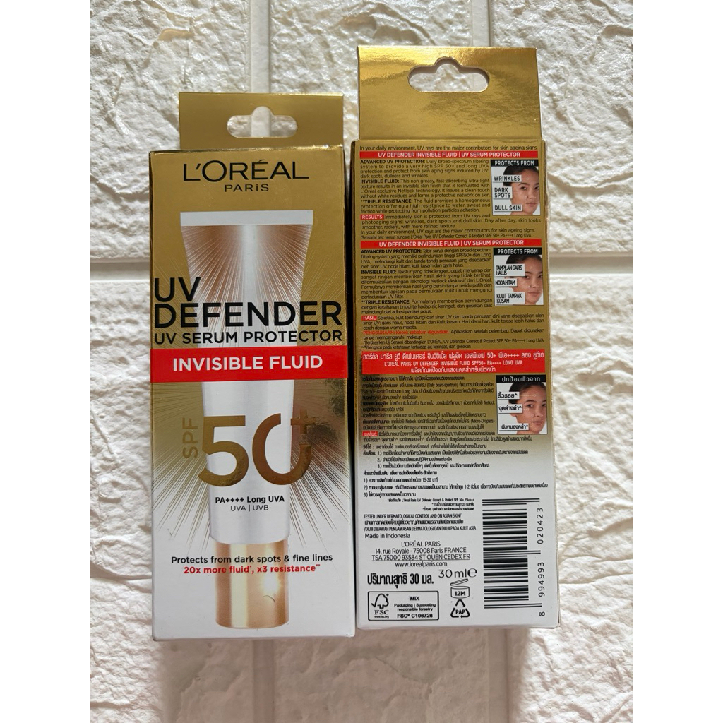 ลอรีอัลปารีส ยูวี ดีเฟนเดอร์ อินวิซิเบิ้ล ฟลูอิด SPF50+PA++++ลอง UVA/UVB 30ml. ของแท้