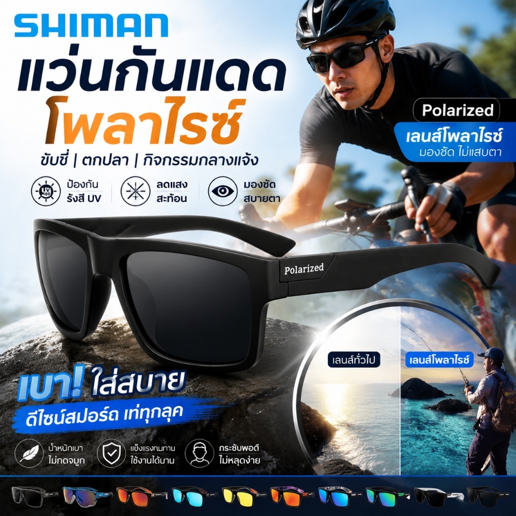 COD🔥 แว่นกันแดดโพลาไรซ์สําหรับผู้ชายแว่นกันแดดกีฬา UV400 แว่นตาตกปลาขี่จักรยานดวงอาทิตย์แว่นตา Kacamata สีดํา