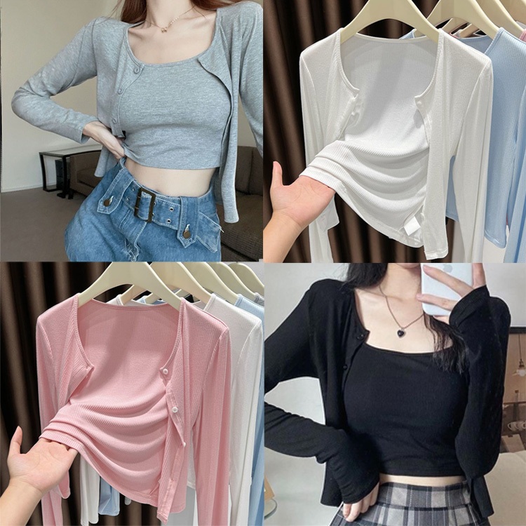 CH🍒เสื้อแฟชั่นหญิง ผู้หญิงเสื้อบาง คาร์ดิแกนถักแขนยาวคอกลม สไตล์หลวมๆ สไตล์เกาหลีเรียบง่าย สบายๆ และอเนกประสงค์#F011
