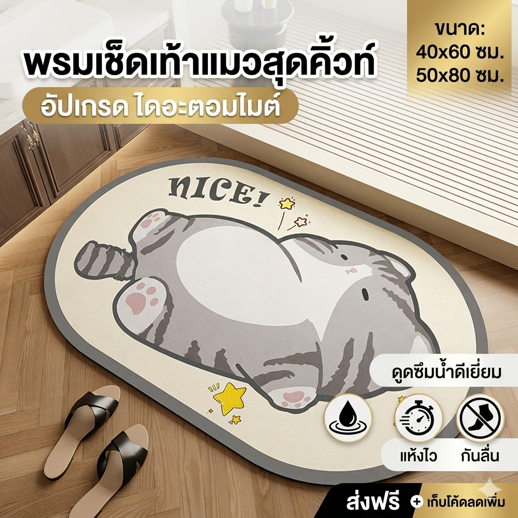 【COD】HH พรมเช็ดเท้า พรมห้องน้ำ กันลื่น ไดอะตอมไมต์ ผ้าเช็ดเท้า กันลื่นดูดซับน้ำได้ดี แห้งง่าย นุ่มหนา 40*60cm