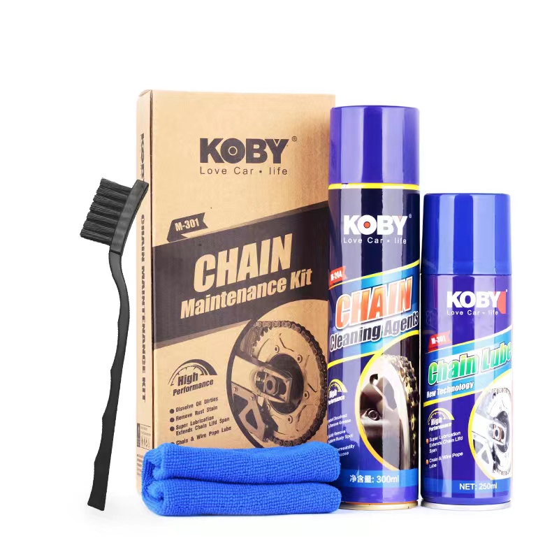 KOBY ชุดทำความสะอาดและบำรุงรักษาโซ่มอเตอร์ไซค์ ครบเซ็ต (น้ำยาล้างโซ่ 300ml + สเปรย์แว็กซ์หล่อลื่นโซ่ 250ml)