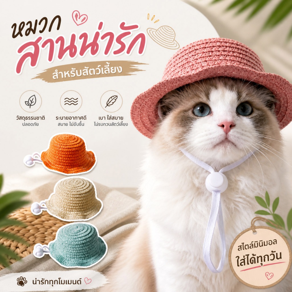 Harmcat หมวกบัคเก็ตสัตว์เลี้ยง หมวกเเมว ช่วยกันแดด ปรับสายคล้องได้ ระบายอากาศได้ดี มี 4 สีให้เลือก