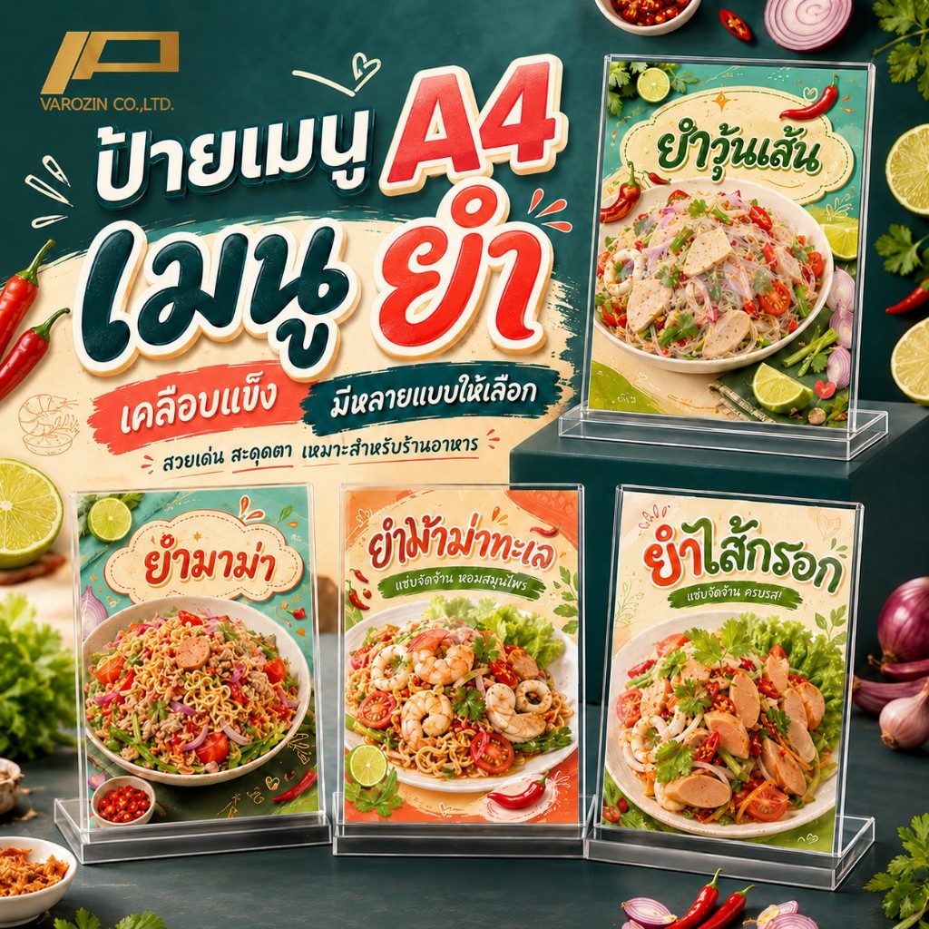 วะรอซีน | ป้ายเมนู A4 เคลือบใสแข็ง เมนูยำ ยำแซลมอน ยำกุ้งสด ยำหอยนางรม ยำหอยแครง ป้ายร้านยำ