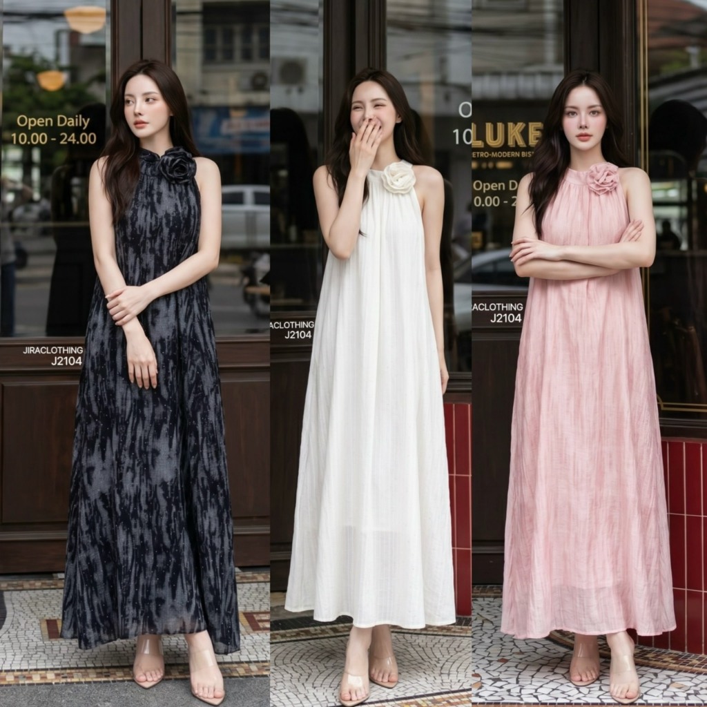 J2104 JiraClothing แม็กซี่เดรสดีเทลคอปีนแต่งดอกไม้กุหลาบ 3D