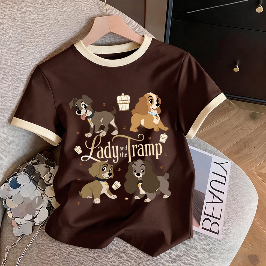 เสื้อยืดแขนสั้นผู้หญิง สีน้ำตาล ลายการ์ตูน Lady and the Tramp แต่งขอบ สไตล์เกาหลี น่ารัก