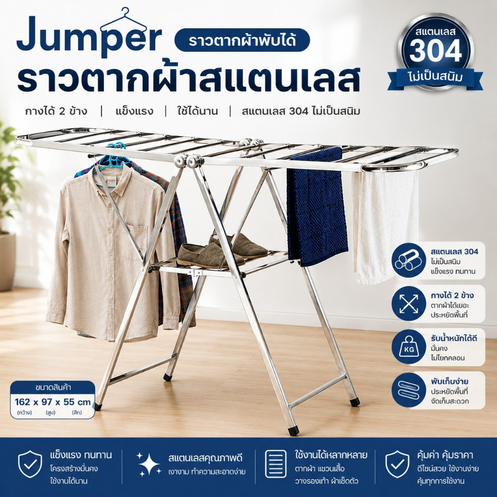 Jumper Kids ราวตากผ้าพับได้ ราวตากผ้าสแตนเลส  ที่แขวนเสื้อ กางได้ 2 ข้าง ขนาด 162 x 97 x 55 cm