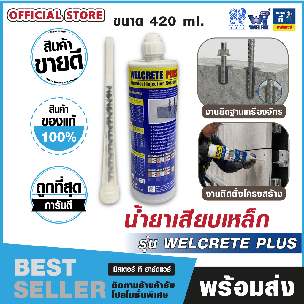 น้ำยาเสียบเหล็กชนิดฉีดแบบ 2 ส่วนผสม คุณภาพสูง ติดตั้งเหล็กเส้นและสลักเกลียว รุ่น WELCRETE PLUS