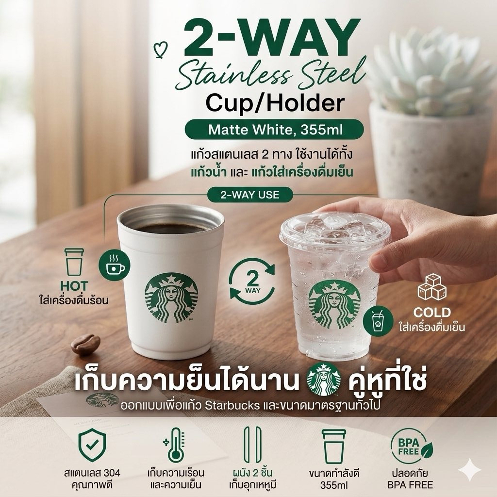 พร้อมส่ง ในไทย❤️ReStork2-Way สีขาว Stainless Steel Cup/Holder, Mattewhite, 355ml