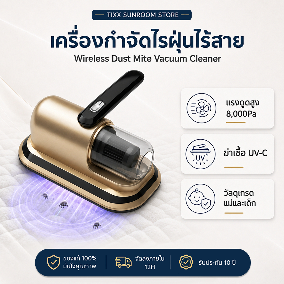 เครื่องกำจัดไรฝุ่น 8000PA ตีด้วยความถี่สูง ดูดฝุ่นบนเตียง ทำความสะอาดพรม TIXX Dust Mites Cleaner
