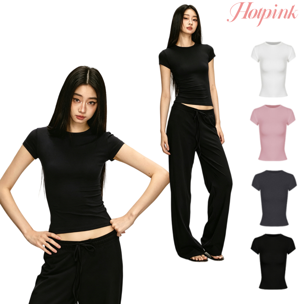 Hotpink ส่งจาก Bangkok เสื้อยืดสั้นแขนรัดไหล่ตรง สำหรับผู้หญิง ฤดูร้อน สีพื้น เรียบง่าย ทนทาน สะดวกสบาย คอกลม ทรงกระชับ