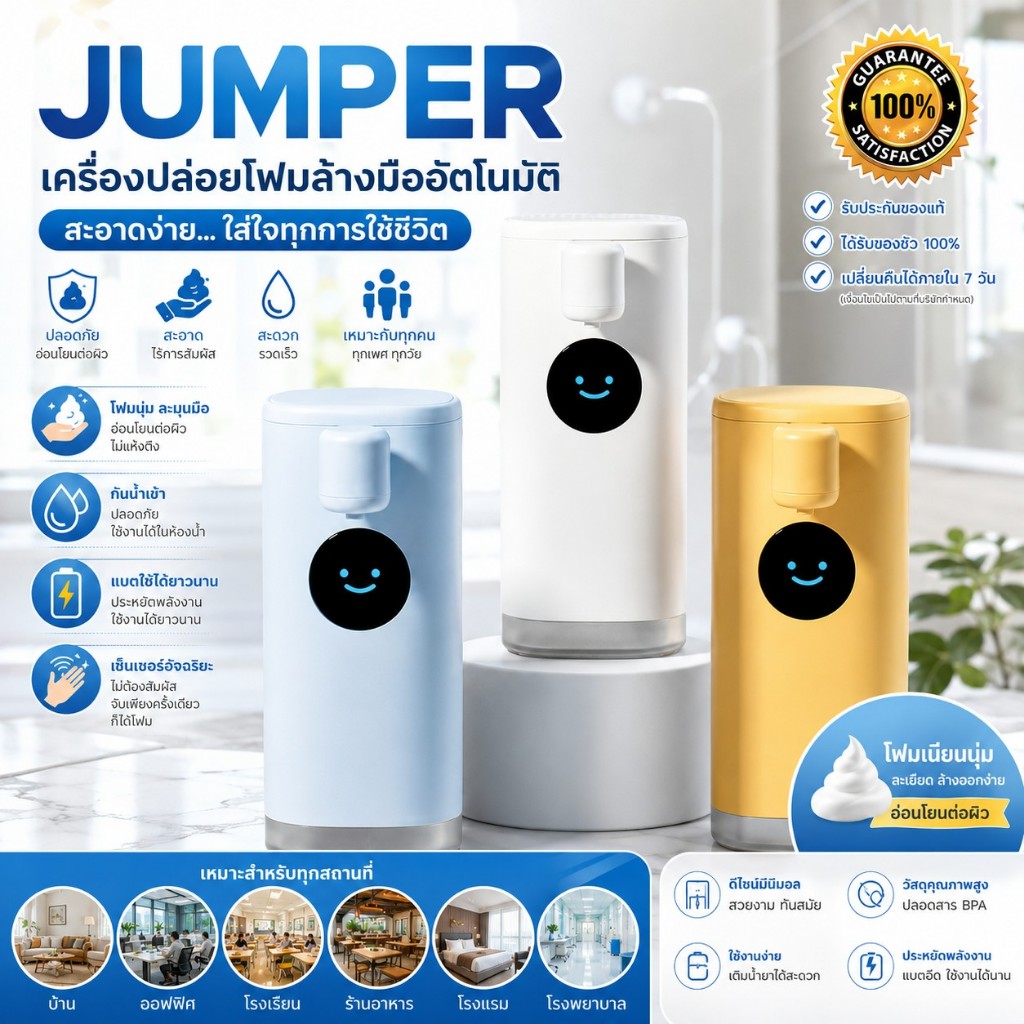 Jumper เครื่องปล่อยโฟมล้างมืออัตโนมัติ เครื่องกดสบู่ล้างมือ Soap Dispenser แบตนานขึ้น แบบชาร์จไฟ  TYPE-C