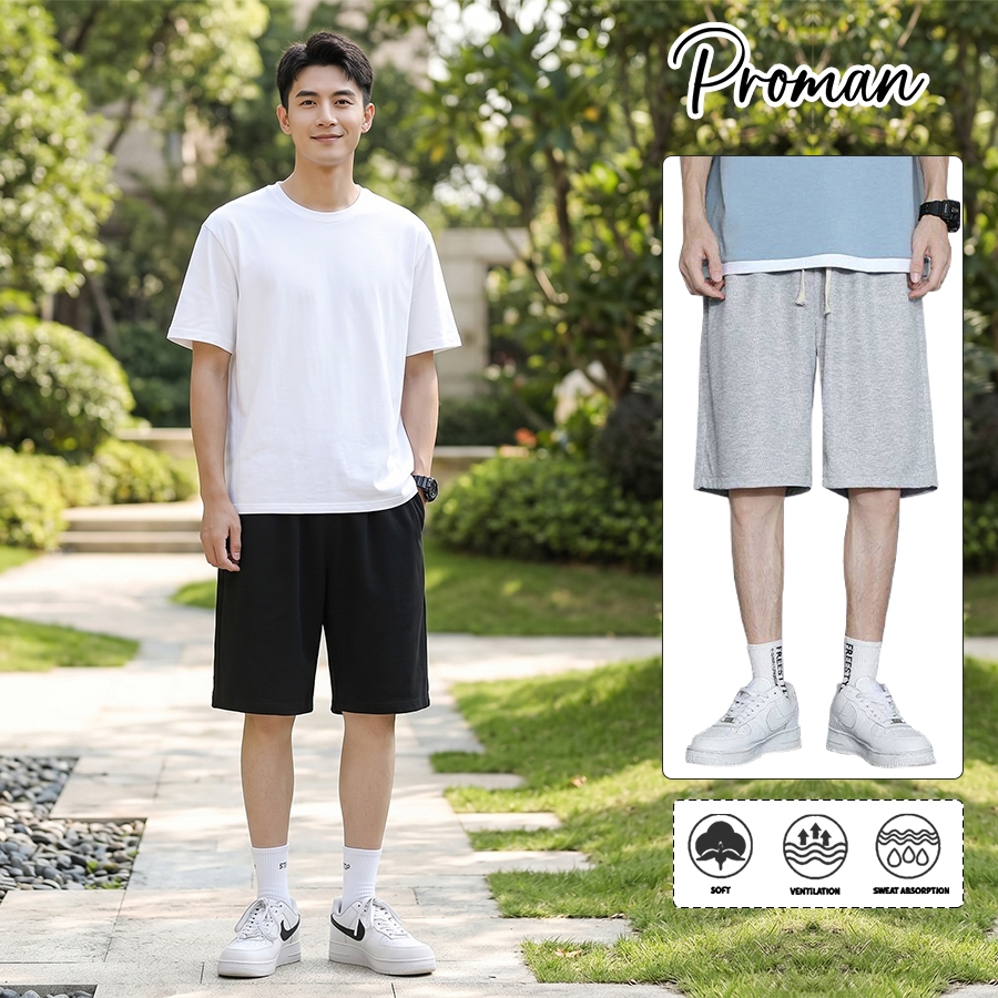PROMAN กางเกงขาสั้นผู้ชาย สไตล์คู่รักนักเรียน สีดำและสีขาว ทรงเรียบง่าย สวมใส่กีฬาและพักผ่อน แมทช์ลุคง่าย
