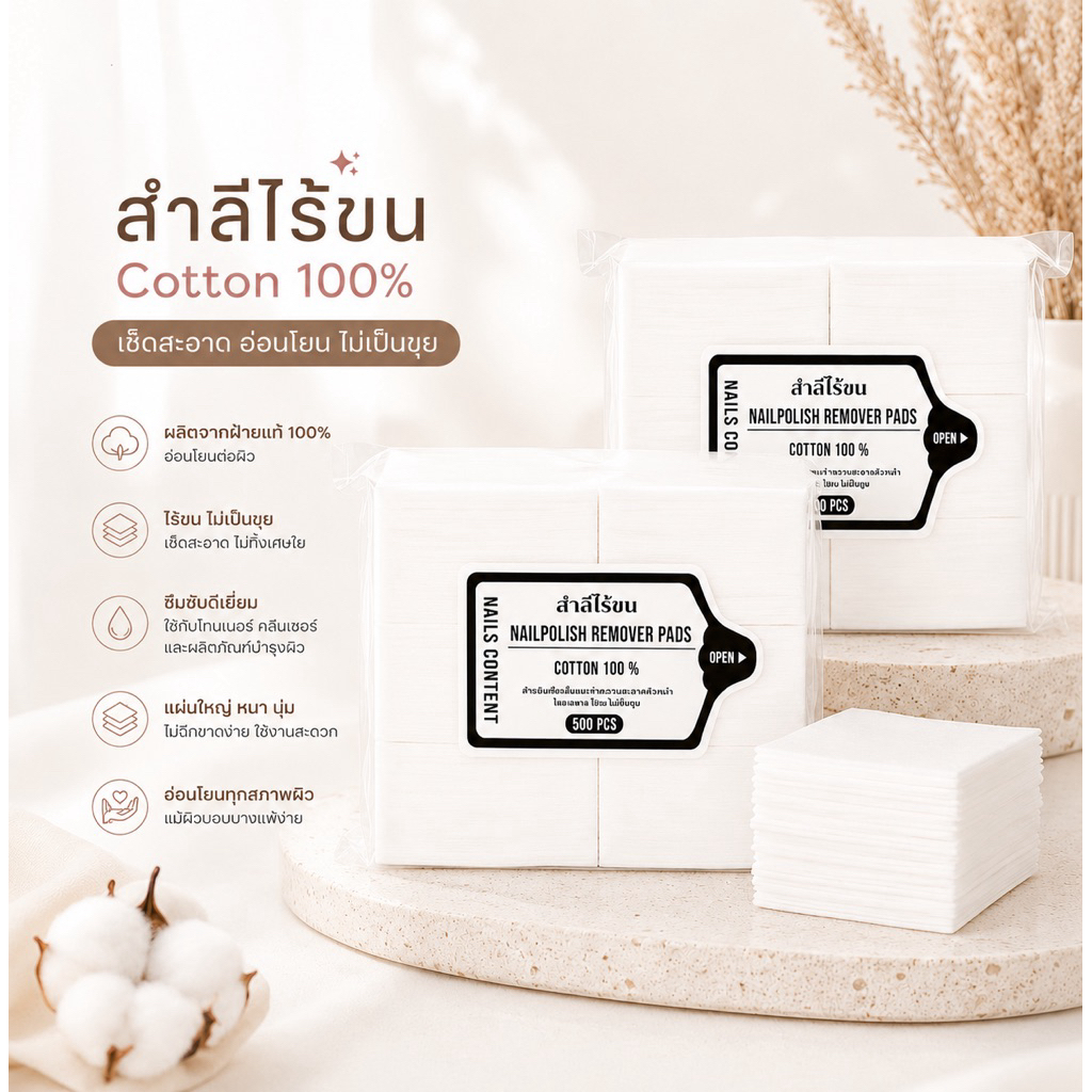 สุดคุ้มสำลีไร้ขนอย่างดี Nails content  ใช้สำหรับเช็ดหน้าเล็บ แบบแข็ง (ได้1ห่อ)มี 2แบบให้เลือก 1000 /500แผ่น