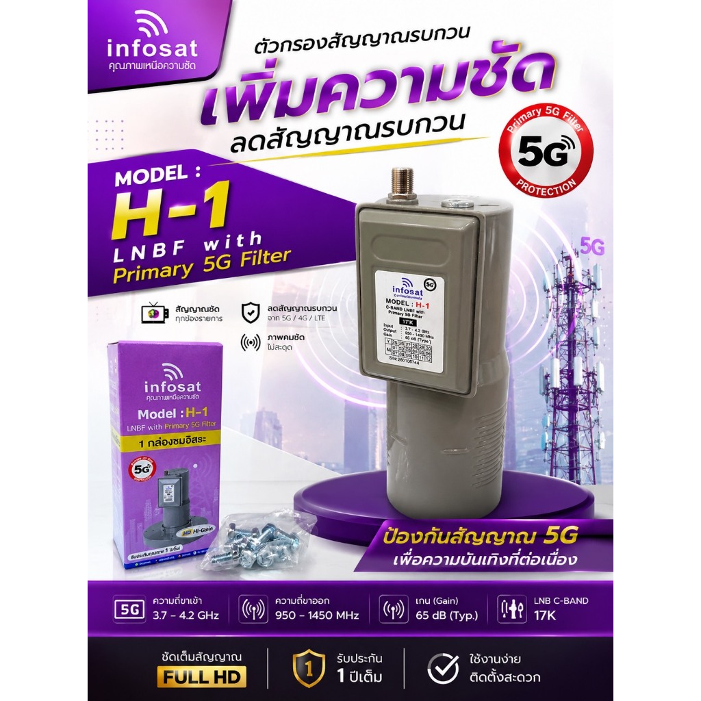 (ไม่มีสการ่าลิง)LNBF INFOSAT รุ่น H1+ ระบบ C-Band ตัดสัญญาณรบกวน Primary 5G Filter