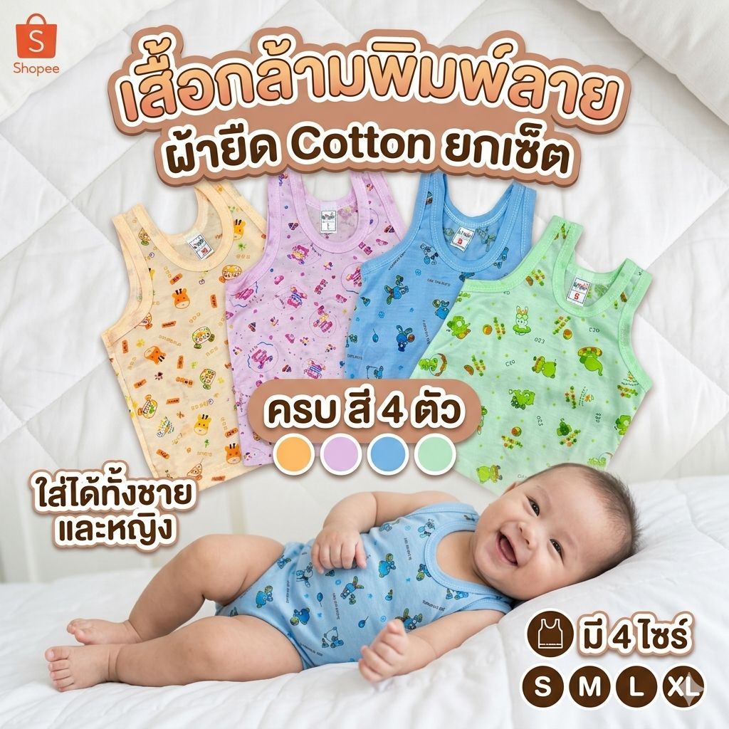 เสื้อกล้ามพิมพ์ลาย ผ้ายืด Cotton ยกเซ็ต ครบ สี 4 ตัว 100 บาท ใส่ได้ทั้งชาย และหญิง