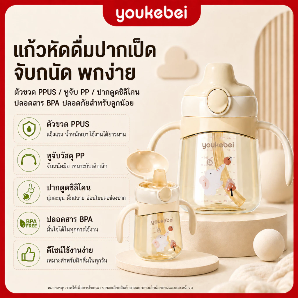 Youkebei ขวดนมเด็ก PPSU ป้องกันอากาศ ตรวจอุณหภูมิ หยอดน้ำไร้เสียง ป้องกันสำลัก 6เดือนขึ้นไป