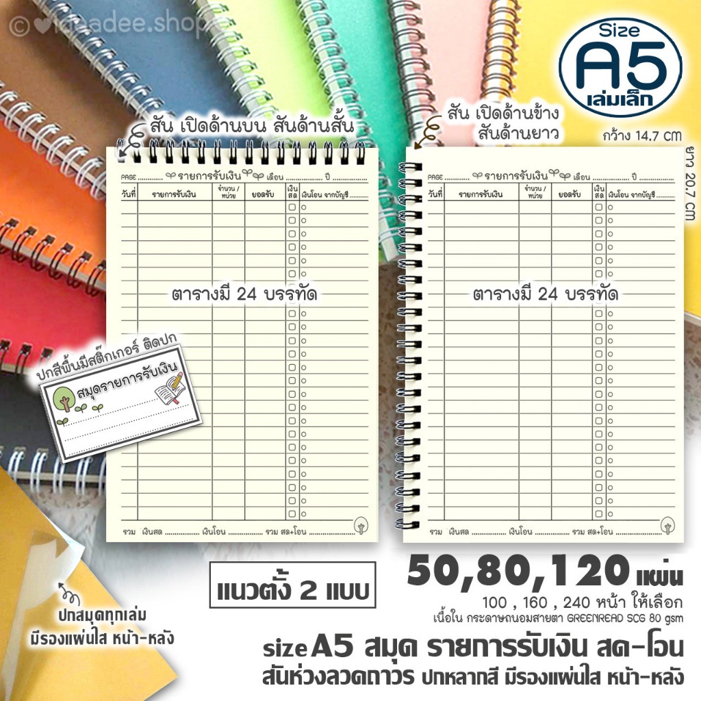 💥NEW✍ สมุด* จดแต่💥รายรับ สด-โอน A5(เล่มเล็ก)50,80,120แผ่น แนวตั้ง ริมสันห่วง สันเปิด2 แบบให้เลือก🌈ปกหลากสี+มีรองแผ่นใส