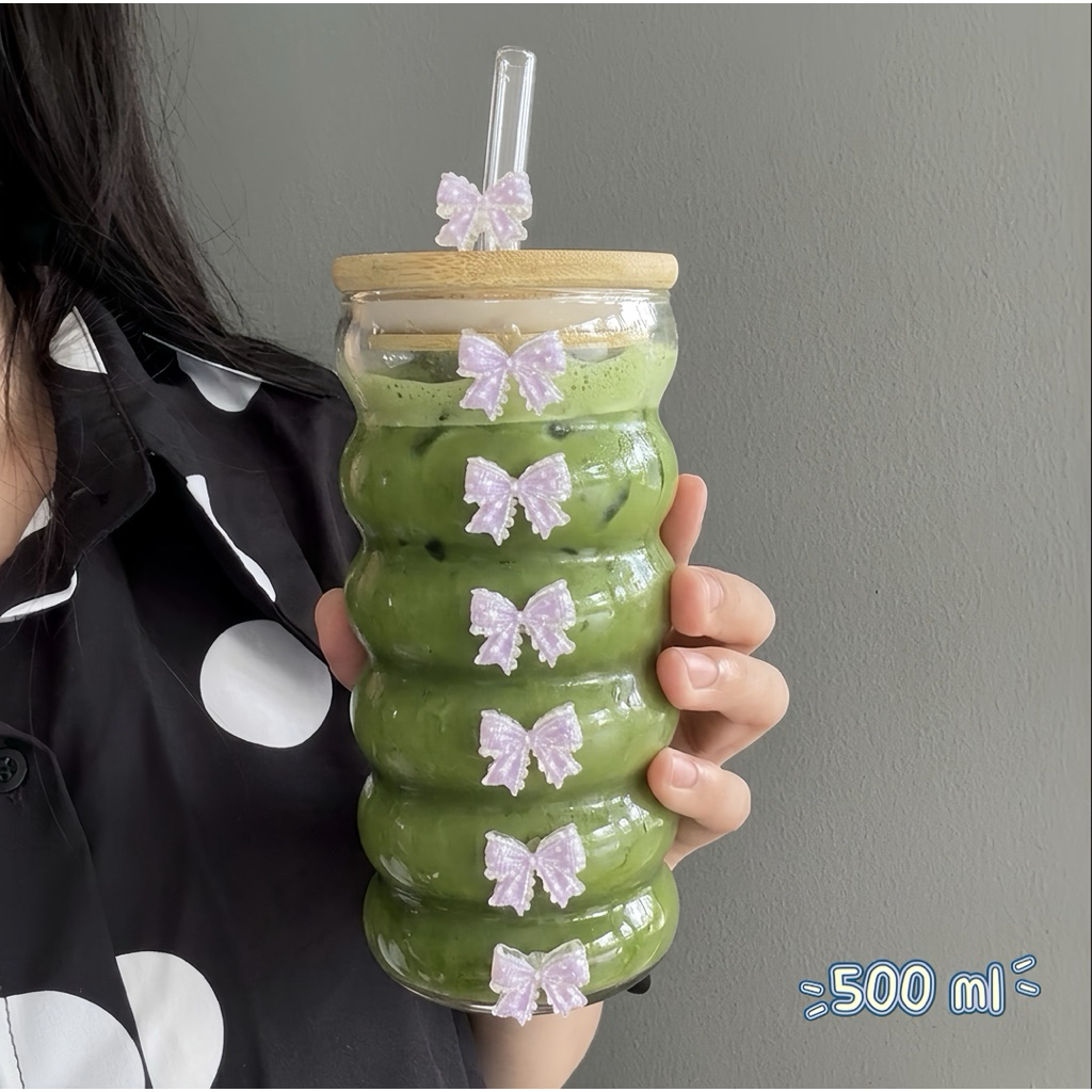 ส่งจากไทย แก้วโบว์ 500 ml วัสดุแก้ว พร้อมฝาและหลอด แก้วน้ำพกพา แก้วกาแฟ แก้วคาเฟ่