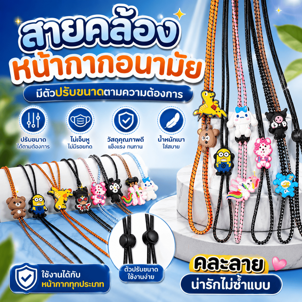 สายคล้องแมส(สุ่มลายให้10เส้น)และมี3D+N95เด็กโต5แพค50ชิ้น ลายการ์ตูนลายแบรน งานพรีเมี่ยม