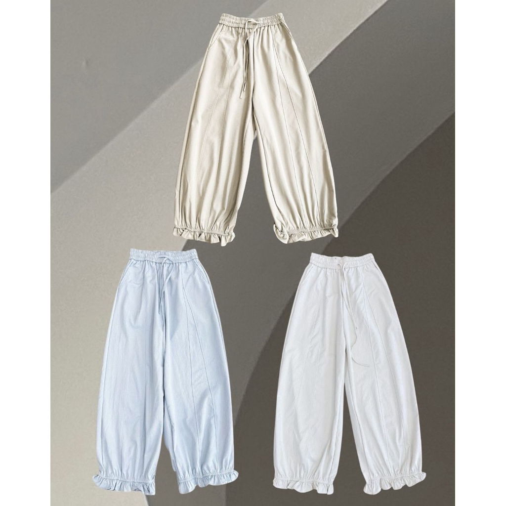 HANABRAND: Pino Pants (พิโน่)  กางเกงขายาว 5  ส่วน ปลายขาจับจีบระบาย ดีไซน์น่ารักสไตล์เกาหลี เนื้อผ้าคอตตอนผสมยีนส์