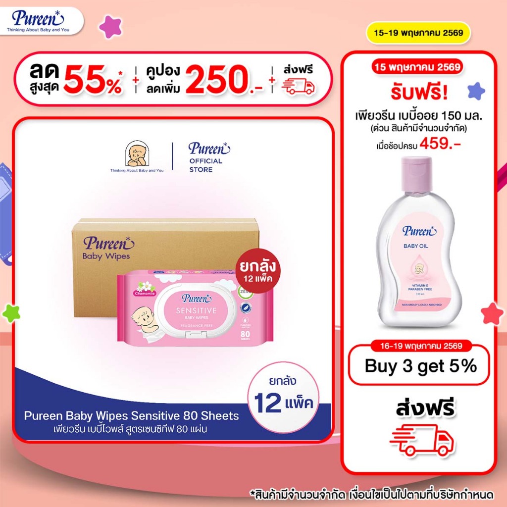[ยกลัง 12 ห่อ] Pureen เพียวรีน เบบี้ไวพส์ สูตรเซนซิทีฟ 80 แผ่น สูตรอ่อนโยน สำหรับผิวบอบบางของลูกน้อยแรกเกิด