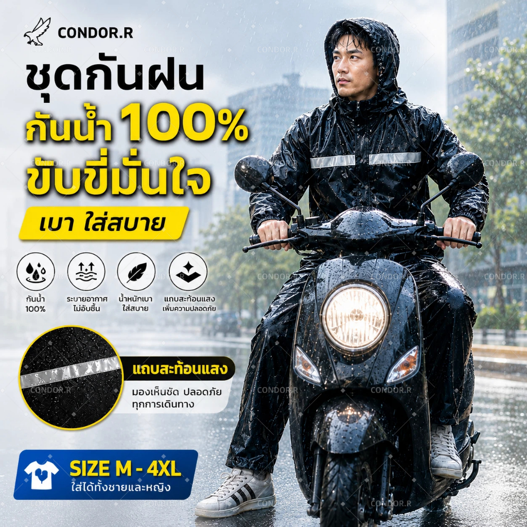 CONDOR.R เสื้อกันฝนแยกเสื้อกางเกง กันน้ำได้ดี ระบายอากาศได้ พกพาง่าย สำหรับผู้ชายทุกสถานการณ์