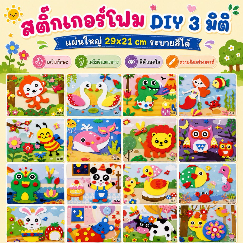 สติ๊กเกอร์โฟม DIY 29x21 cm สติ๊กเกอร์โฟมแผ่นนูนมีกาวในตัว แผ่นกิจกรรมเสริมสร้างสมาธิเด็ก สติ๊กเกอร์ สติ๊กเกอร์รูปสัตว์