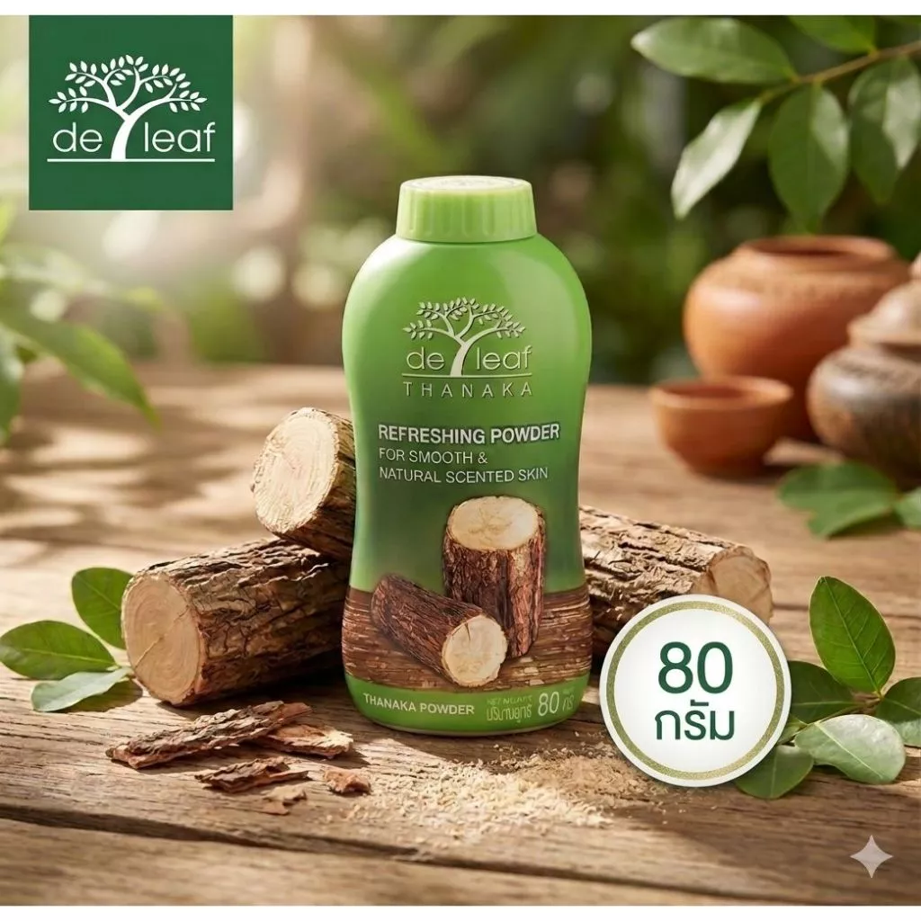 แป้งฝุ่น เดอ ลีฟ ทานาคา 80 กรัม De Leaf Thanaka Refreshing Talcum Powder (80g) (ขั้นต่ำ 3 กระป๋อง)