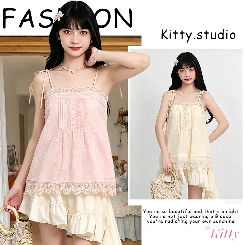 Kittyพร้อมส่ง🌸เสื้อสายเดี่ยว🌸ผูกไหล่ตีเกล็ดหน้าหัวใจ เนื้อผ้านูนมิติขอบลูกไม้พลิ้ว แต่งชายระบายเซ็กซี่ ใส่ปังสองเทศกาล