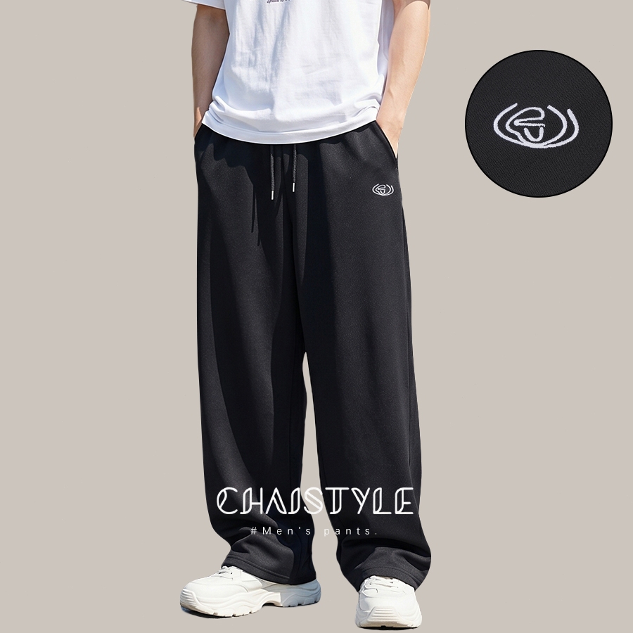 Chaistyle กางเกงกีฬา สีพื้น ลายปัก กางเกงขาตรง แบบหลวม สบาย แมทช์ง่าย ลำลอง