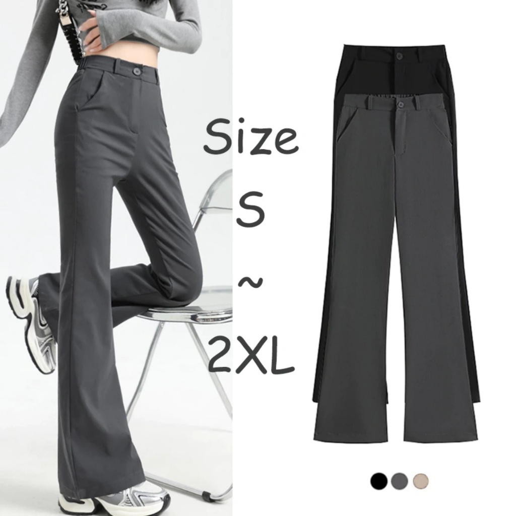 Korean ผู้หญิง เอวสูง กางเกงขาบาน ผอมเพรียว Casual กางเกงถูพื้น flared trousers