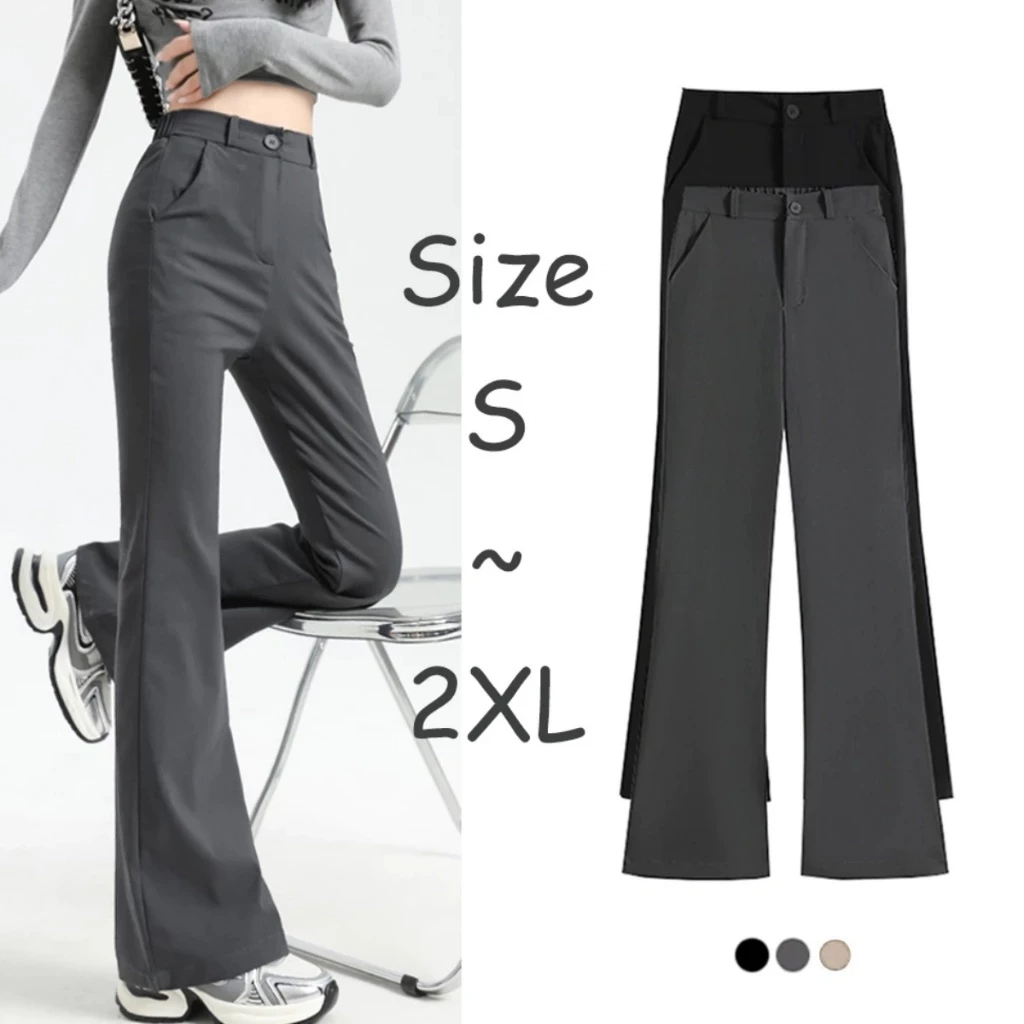 Korean ผู้หญิง เอวสูง กางเกงขาบาน ผอมเพรียว Casual กางเกงถูพื้น flared trousers