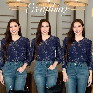Everything2019 - เสื้อคอวีแต่งกระดุมปั๊ม แขนบอลลูนยาว ลายสวย สีชัด มีหลายไซส์ พร้อมส่ง (6288)