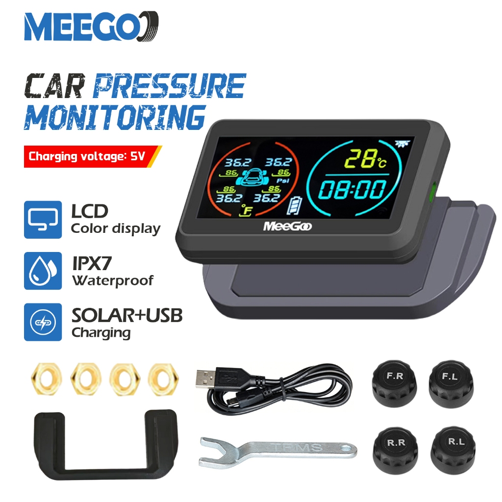 MeeGoo เครื่องวัดความดันลมยางรถยนต์ จอ LCD สี พลังงานแสงอาทิตย์/USB 6 โหมดเตือนภัย