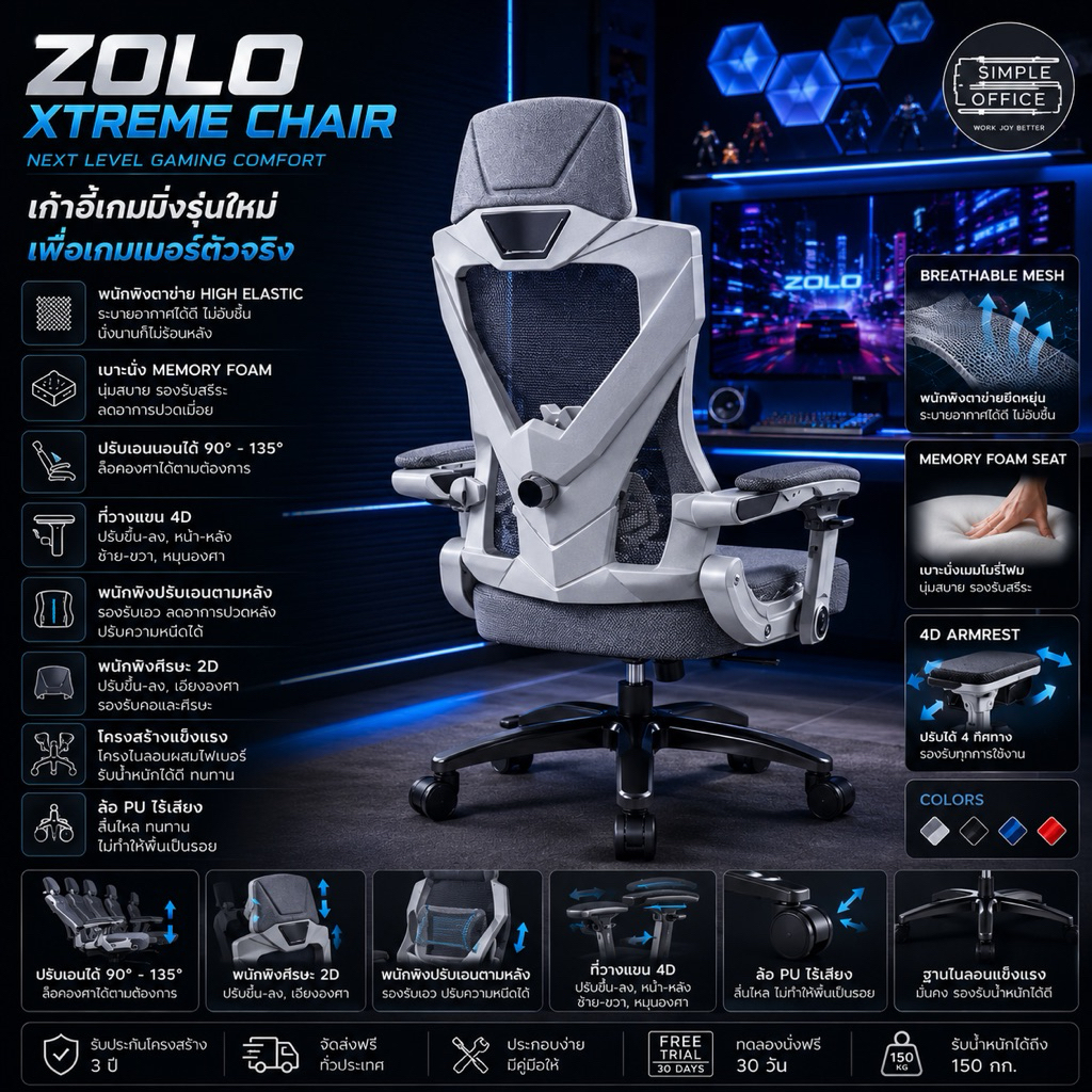 Zolo Xtreme Chair 20 รุ่นเก้าอี้คอม เก้าอี้เกมมิ่ง fulloption ฟังค์ชั่นครบ เก้าอี้เพื่อสุขภาพ เก้าอี้ออฟฟิศ เก้าอี้ทำงาน
