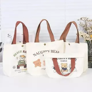 พร้อมส่ง กระเป๋าผ้า ถุงผ้า เอนกประสงค์ ขนาดใหญ่ จุของได้เยอะ รับน้ำหนักได้ดี ดีไซน์น่ารัก ลายหมี