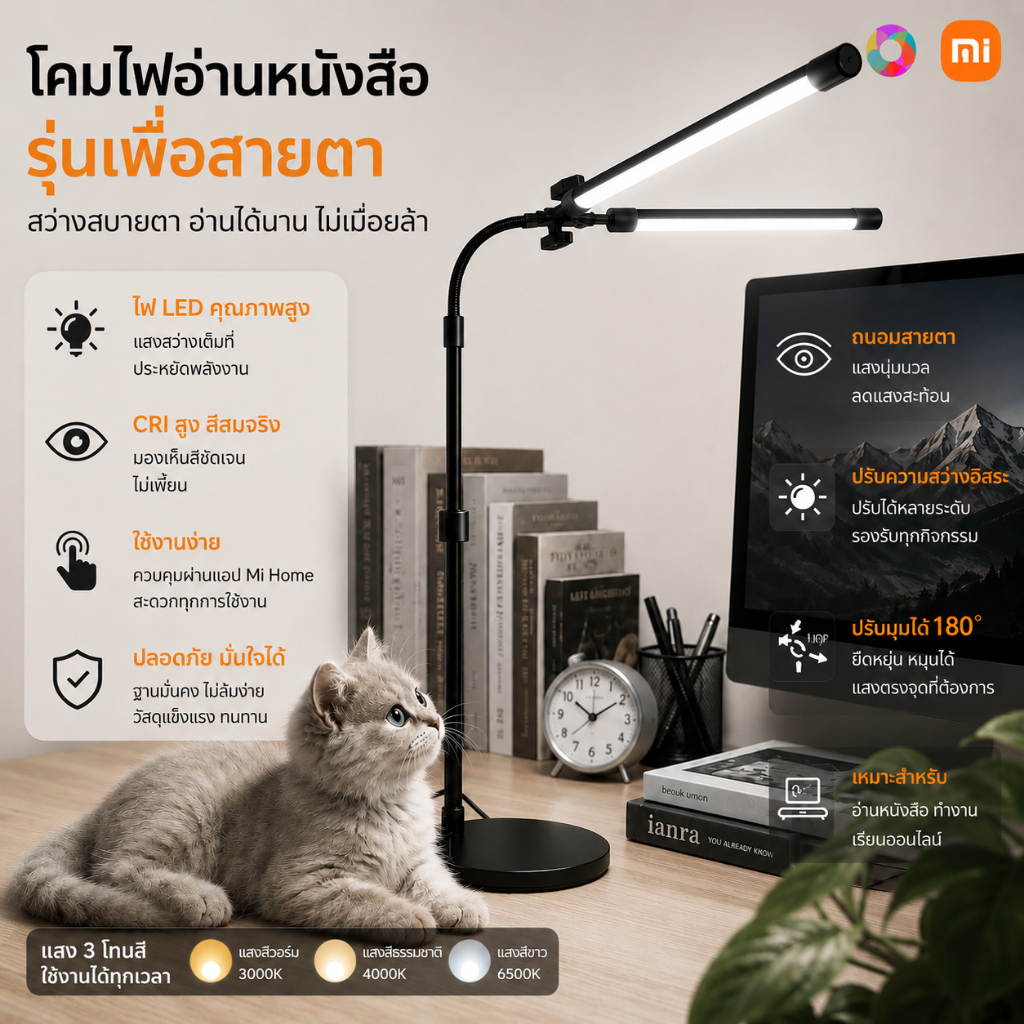 💡COD💡โคมไฟตั้งโต๊ะ LED 24W แบบหนีบ/แบบฐาน ปรับหมุนได้ 360 องศา 3 โหมดแสง ถนอมสายตา