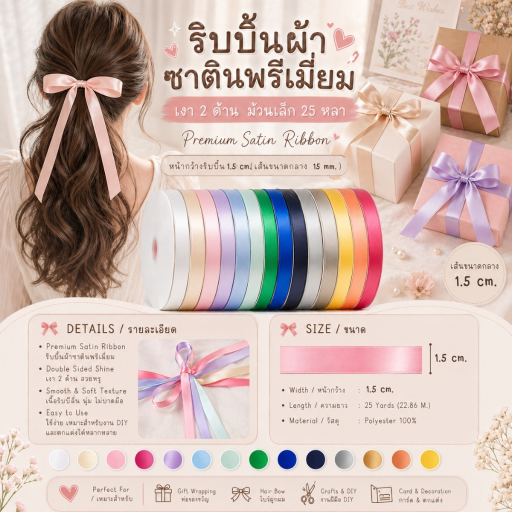 1 ม้วน【25หลา】* ริบบิ้นผ้าซาตินขนาด 1.5 cm. สีเรียบเงา 2 ด้าน รุ่น CLASSIC ผูกของขวัญวันเกิด ผูกผม ตกแต่ง [RBR-0023]
