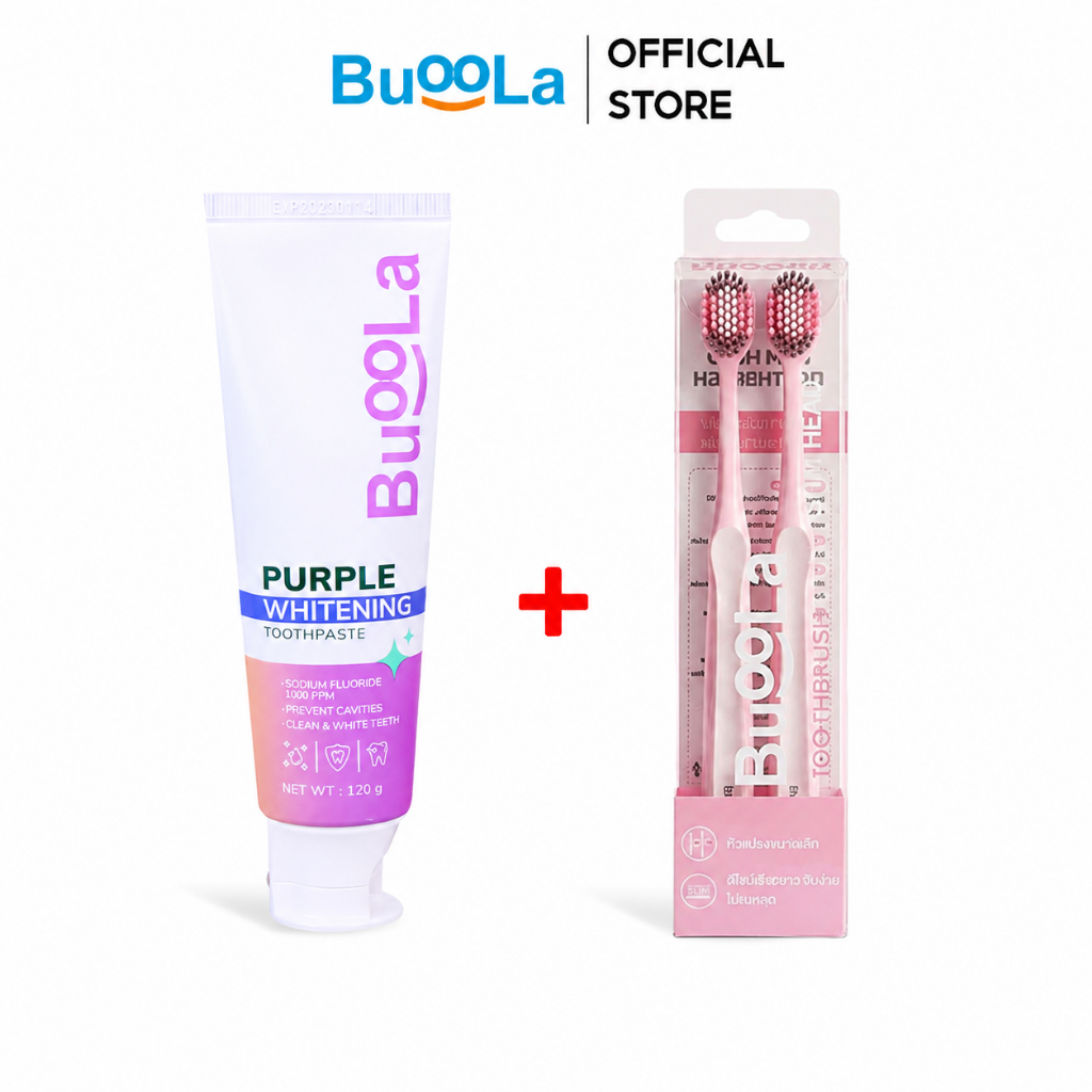 [ Set 2 ชิ้น ] Buoola ยาสีฟันเนื้อเจลสีม่วงกลิ่น Fruity ขนาด 120 กรัม 1 ชิ้น + แปรงสีฟันหัวบางพิเศษ Slim Head