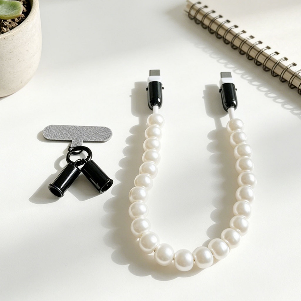 สาย Type-C to Type-C ลายมุกขาว ยาว 0.3 เมตร สายชาร์จ + สายห้อยโทรศัพท์ 2 in 1 พกพาง่าย ไม่รกรุงรัง ชาร์จเร็ว.