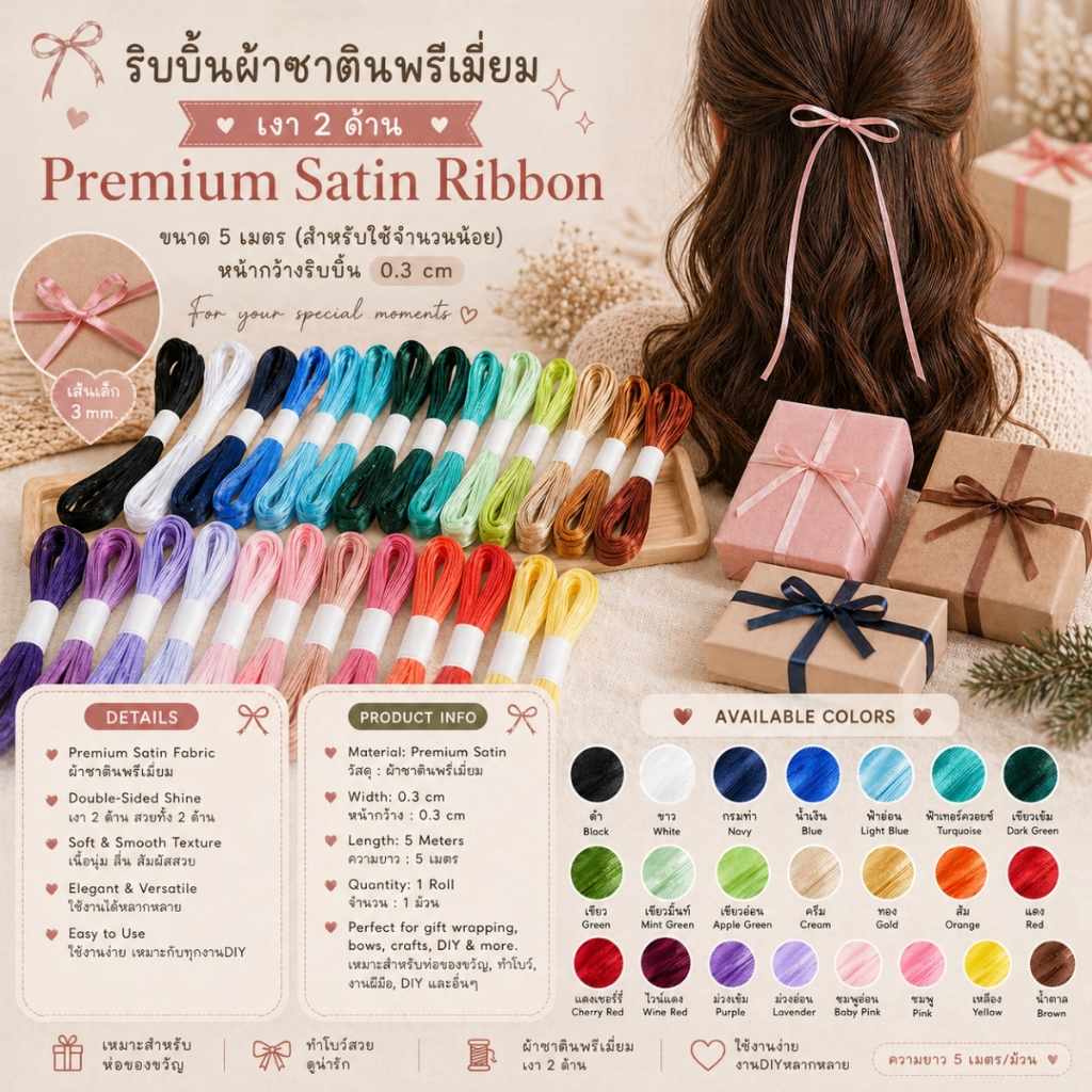 1 ม้วน【5 เมตร】* ริบบิ้นผ้าซาตินสีคลาสสิค เนื้อเงา 2 ด้านขนาด 0.3 cm (3 มิล) ผูกของขวัญ ริบบิ้นผูกผม [RBY-0023-03mm]