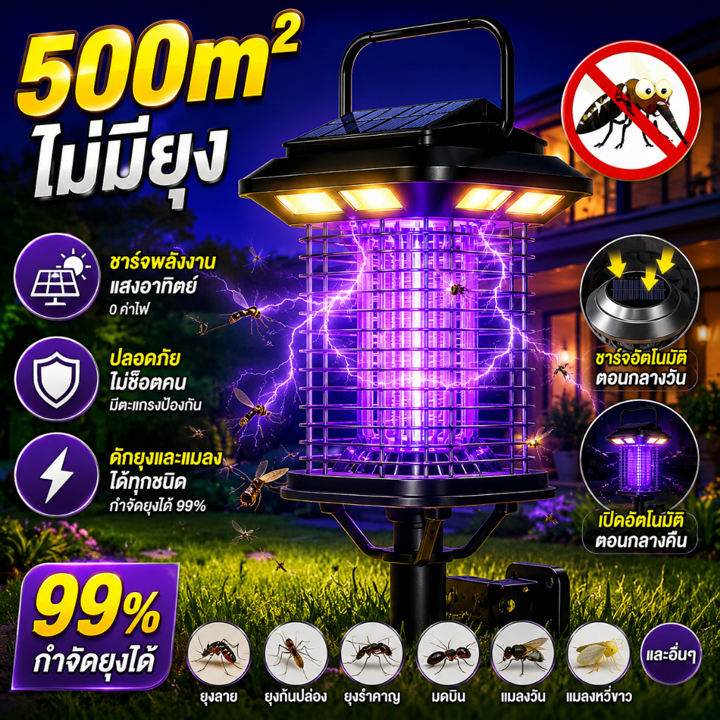 โคมไฟดักยุงพลังงานแสงอาทิตย์ ฆ่ายุงแมลง99.99% กันน้ำIP65 เปิดอัตโนมัติ ชาร์จSolar+USB ใช้กลางแจ้ง