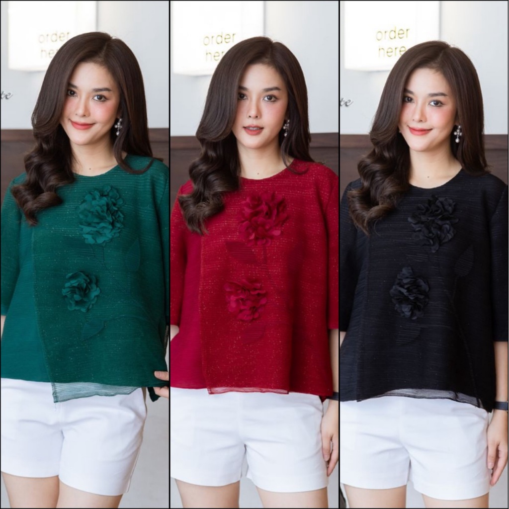 Cutie minute  รหัสPT0826  เสื้ออัดพลีทเกรดพรีเมี่ยม มาพร้อมดอกไม้ดอกใหญ่สวยเด่น