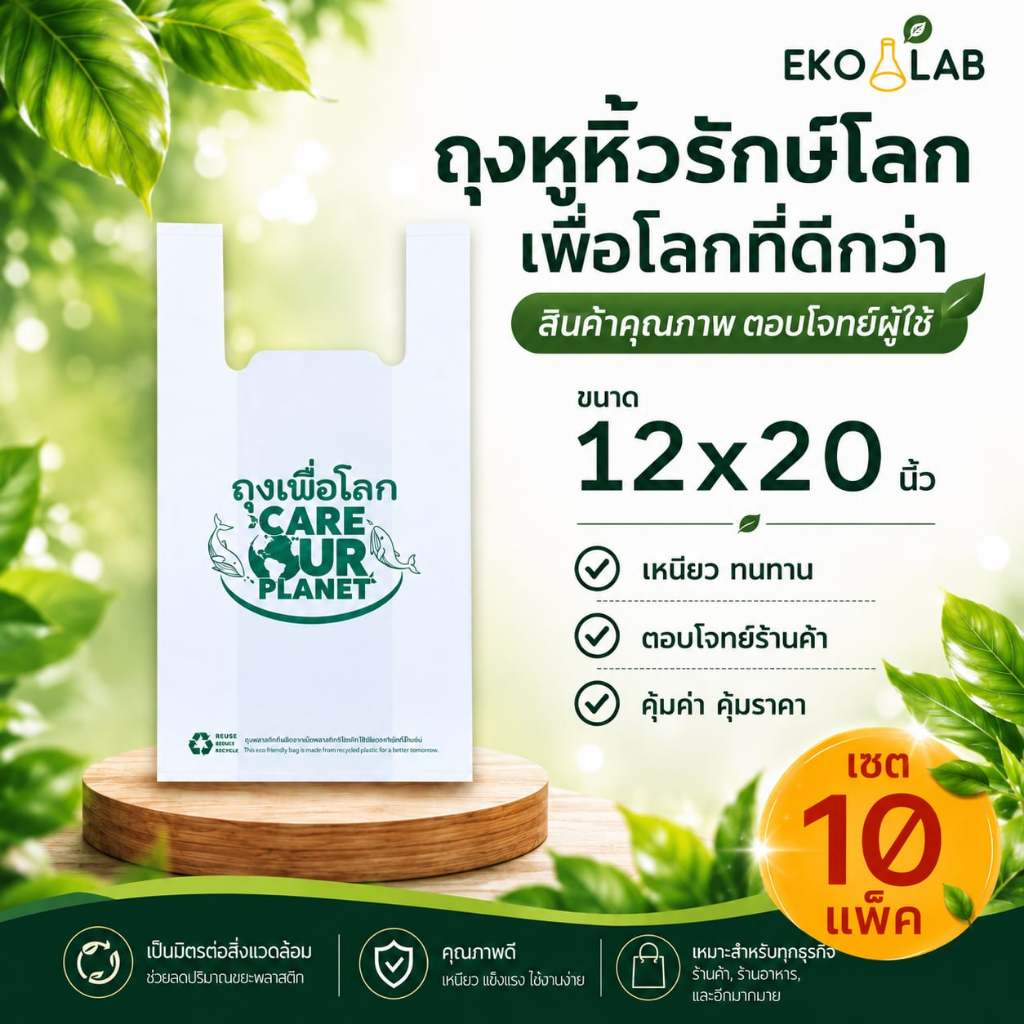 เซต 10 แพ็ค! ถุงหูหิ้ว "เพื่อโลก" 12x20 นิ้ว ถุงรักษ์โลก ถุงหูหิ้วพิมพ์ลาย ถุงใส่กล่องอาหาร ถุงใส่ยา