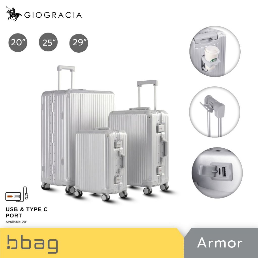 GIOGRACIA POLO CLUB กระเป๋าเดินทางเฟรมอลูมิเนียม รุ่น Armor (GIO13) แข็งแรงทนทาน พร้อมที่วางแก้ว & ช่องชาร์จ USB [เงิน]