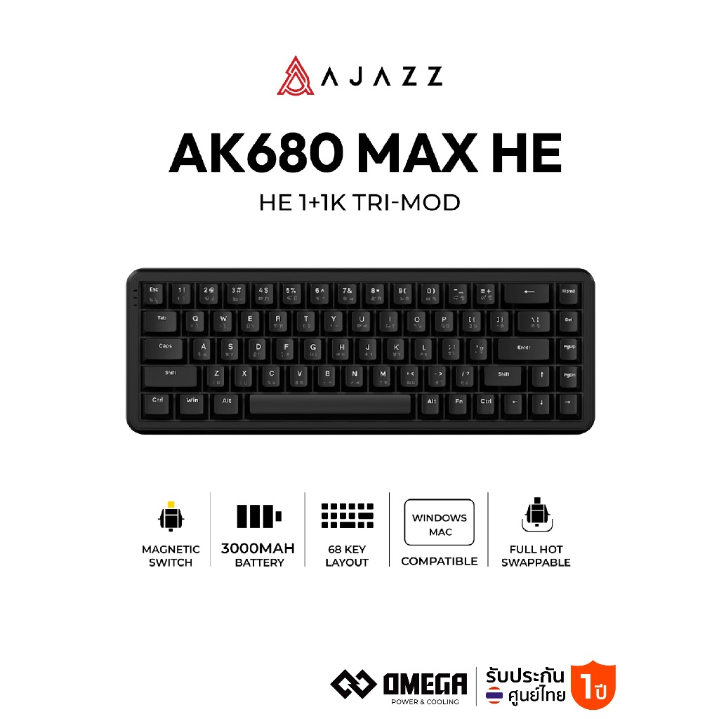 คีย์บอร์ดเกมมิ่ง Ajazz AK680 Max HE 1+1K Tri-Mod RGB Magnetic Switch Mechanical Keyboard รับประกัน 1
